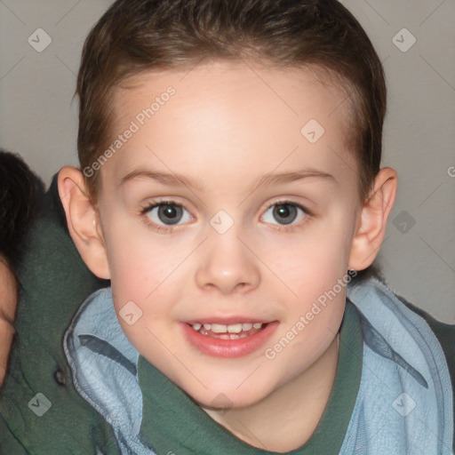 Joyful white child female with short  brown hair and brown eyes