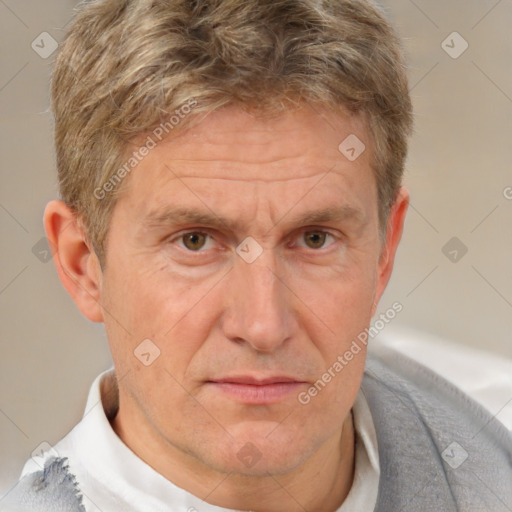 Neutral white middle-aged male with short  brown hair and brown eyes