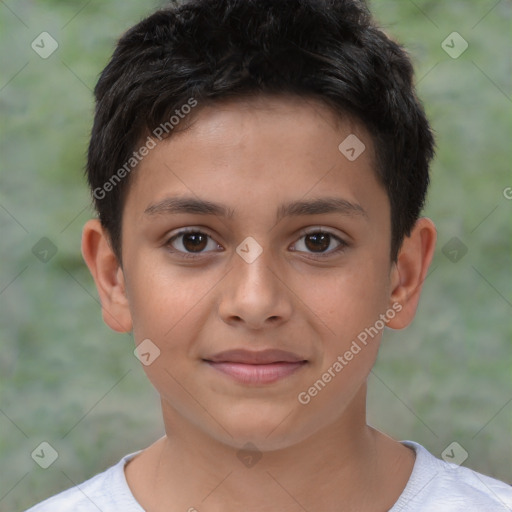 Joyful white child male with short  brown hair and brown eyes