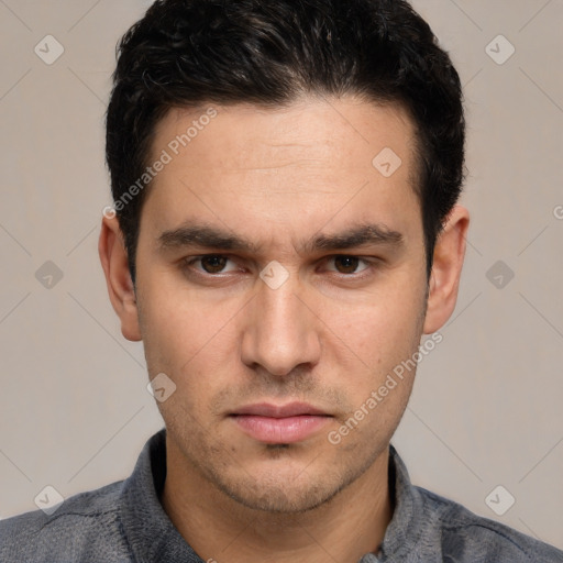 Neutral white young-adult male with short  brown hair and brown eyes