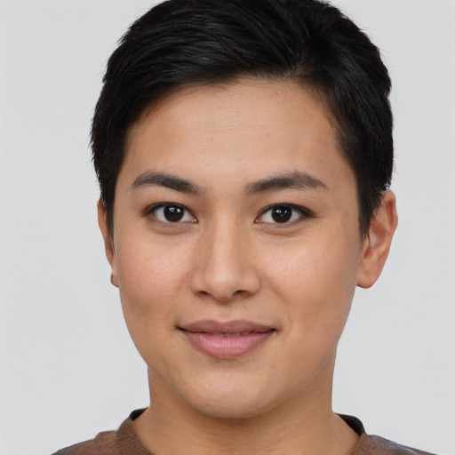 Joyful asian young-adult female with short  brown hair and brown eyes