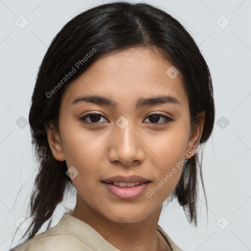 Joyful latino young-adult female with medium  brown hair and brown eyes