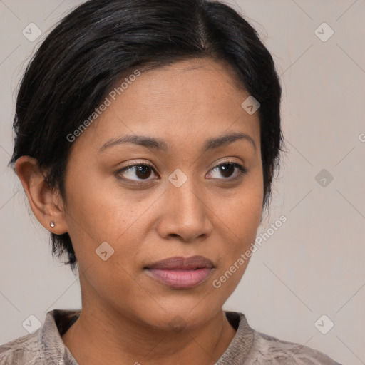 Joyful latino young-adult female with medium  brown hair and brown eyes