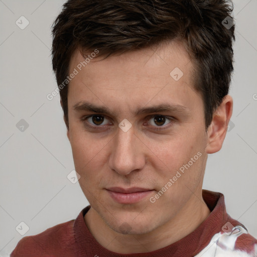 Neutral white young-adult male with short  brown hair and brown eyes