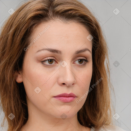 Neutral white young-adult female with long  brown hair and green eyes