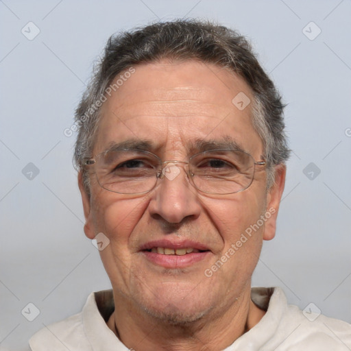 Joyful white middle-aged male with short  brown hair and brown eyes