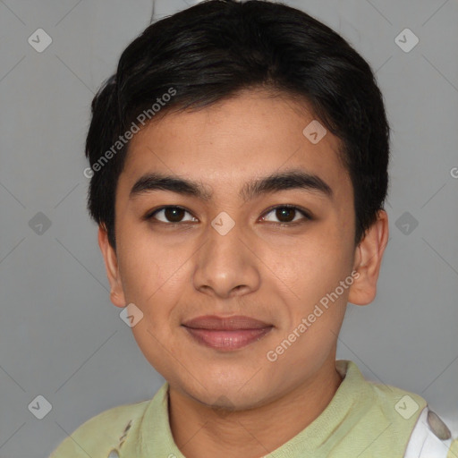 Joyful asian young-adult male with short  brown hair and brown eyes