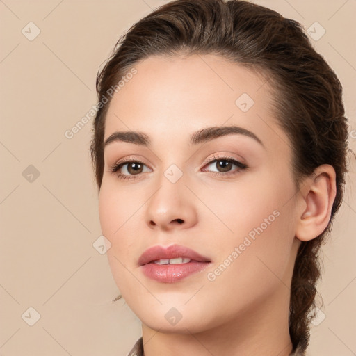 Neutral white young-adult female with long  brown hair and brown eyes