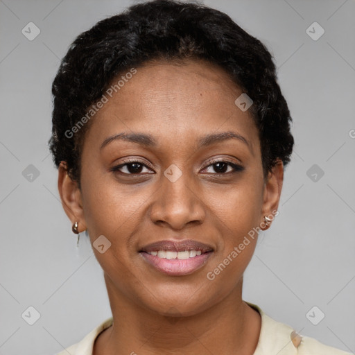 Joyful latino young-adult female with short  brown hair and brown eyes