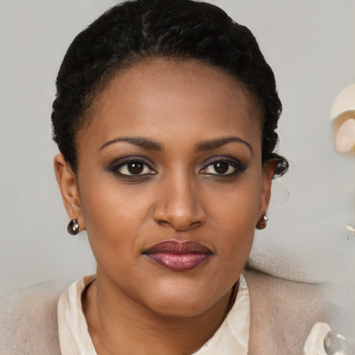 Joyful black young-adult female with short  brown hair and brown eyes