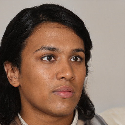 Neutral asian young-adult female with medium  black hair and brown eyes