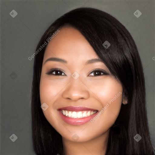 Joyful white young-adult female with long  black hair and brown eyes