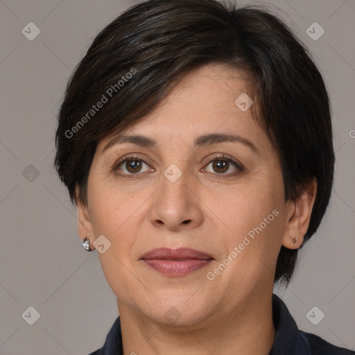 Joyful white adult female with medium  brown hair and brown eyes