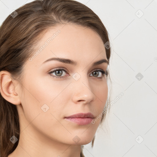 Neutral white young-adult female with long  brown hair and grey eyes