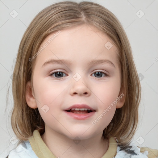 Joyful white child female with medium  brown hair and grey eyes