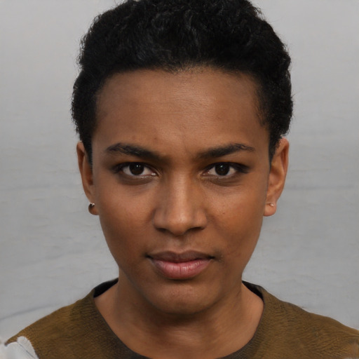 Neutral black young-adult female with short  black hair and brown eyes