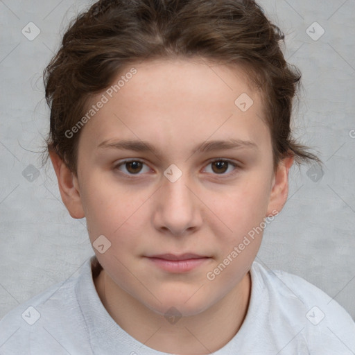 Joyful white child female with short  brown hair and brown eyes