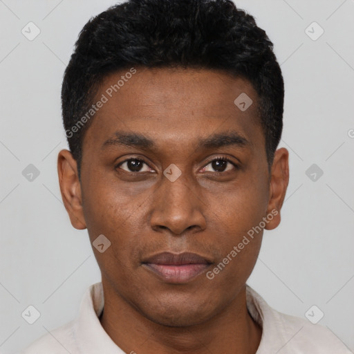 Neutral black young-adult male with short  black hair and brown eyes