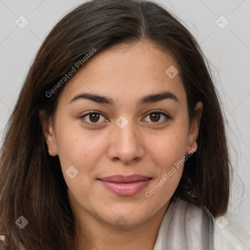 Joyful white young-adult female with long  brown hair and brown eyes