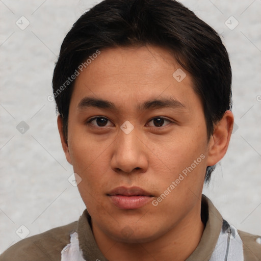 Neutral asian young-adult male with short  brown hair and brown eyes