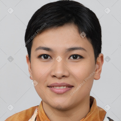 Joyful asian young-adult female with short  black hair and brown eyes