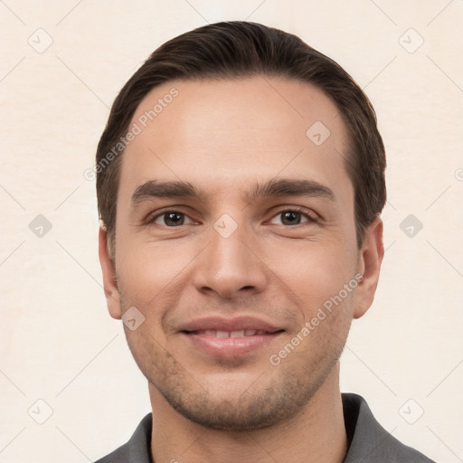 Joyful white young-adult male with short  brown hair and brown eyes