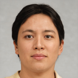 Neutral asian young-adult female with short  brown hair and brown eyes