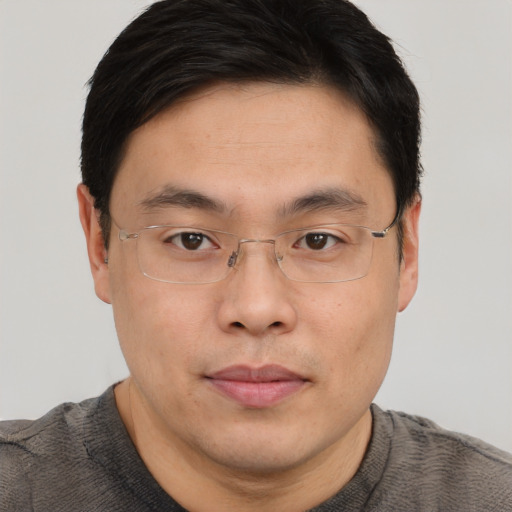 Neutral asian adult male with short  brown hair and brown eyes