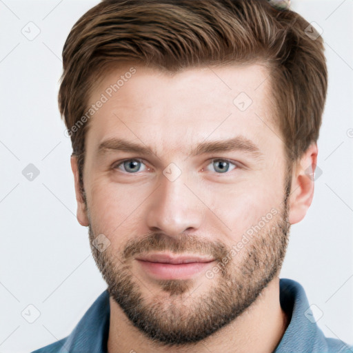 Neutral white young-adult male with short  brown hair and grey eyes