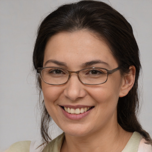 Joyful white adult female with medium  brown hair and brown eyes