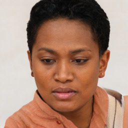 Neutral black young-adult female with short  brown hair and brown eyes
