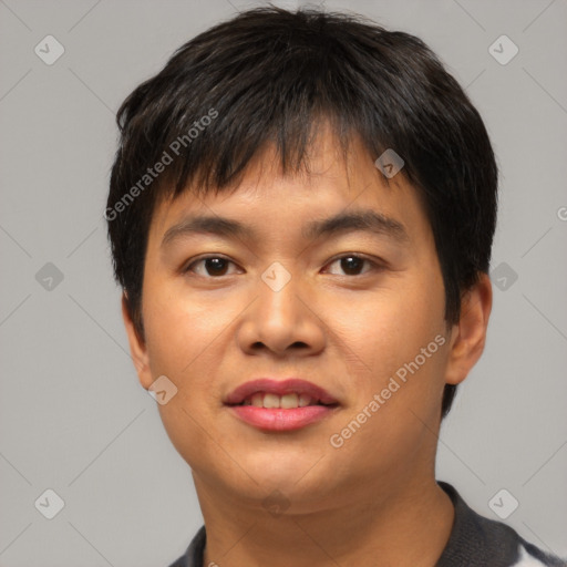 Joyful asian young-adult male with short  black hair and brown eyes