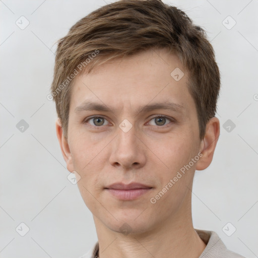 Neutral white young-adult male with short  brown hair and grey eyes