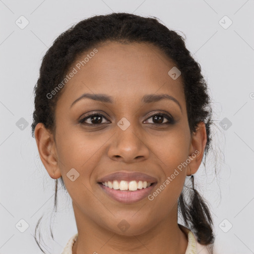 Joyful latino young-adult female with long  brown hair and brown eyes