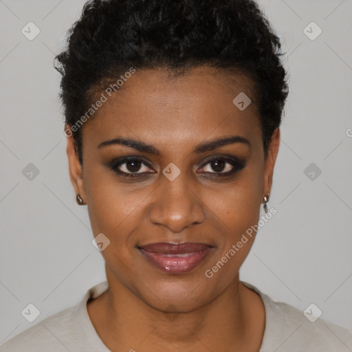 Joyful black young-adult female with short  black hair and brown eyes