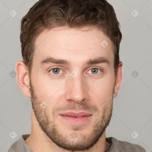 Neutral white young-adult male with short  brown hair and grey eyes