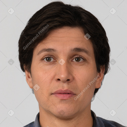 Neutral white adult male with short  brown hair and brown eyes