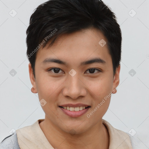 Joyful asian young-adult male with short  brown hair and brown eyes