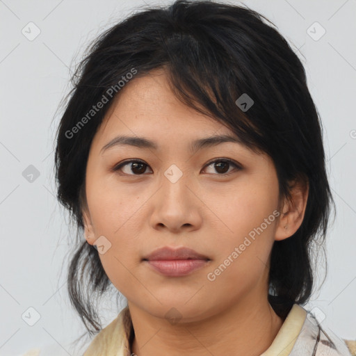 Neutral asian young-adult female with medium  black hair and brown eyes