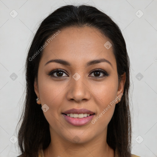 Joyful white young-adult female with long  brown hair and brown eyes