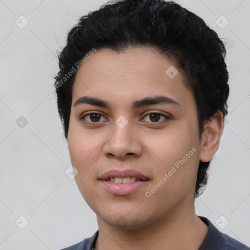 Joyful latino young-adult female with short  black hair and brown eyes