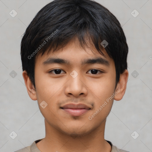 Joyful asian young-adult male with short  black hair and brown eyes