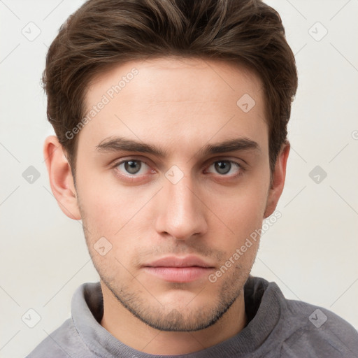 Neutral white young-adult male with short  brown hair and grey eyes