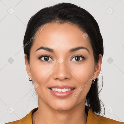 Joyful latino young-adult female with medium  black hair and brown eyes