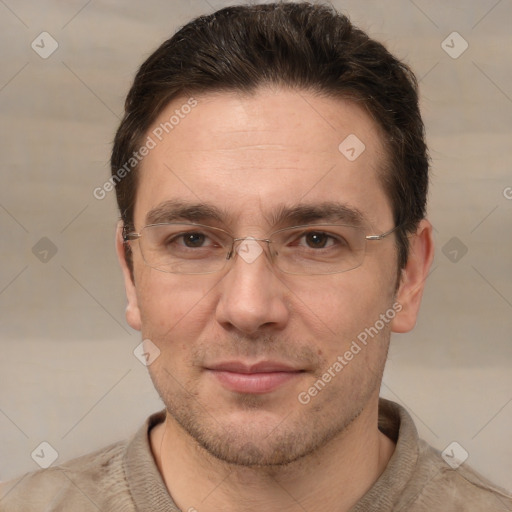 Joyful white adult male with short  brown hair and grey eyes