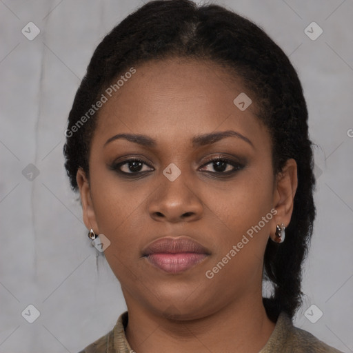 Neutral black young-adult female with short  brown hair and brown eyes