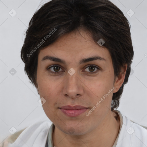 Joyful white adult female with short  brown hair and brown eyes