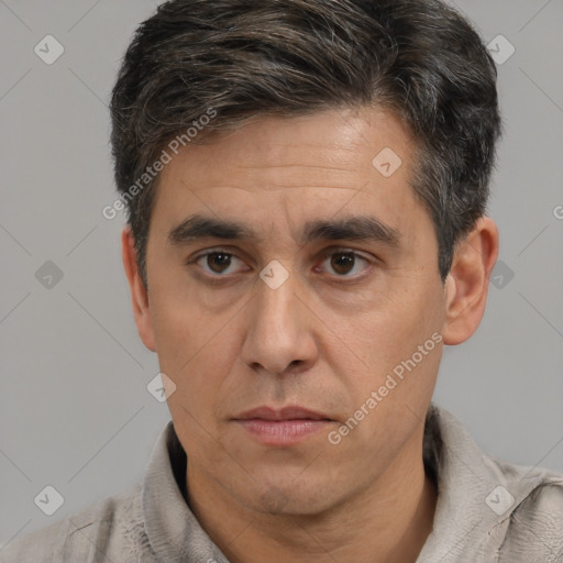 Neutral white adult male with short  brown hair and brown eyes