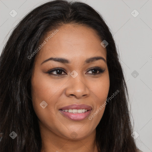 Joyful latino young-adult female with long  brown hair and brown eyes