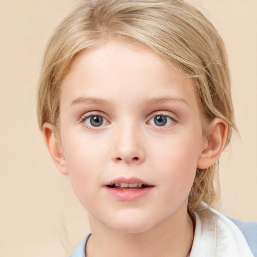 Neutral white child female with medium  blond hair and blue eyes